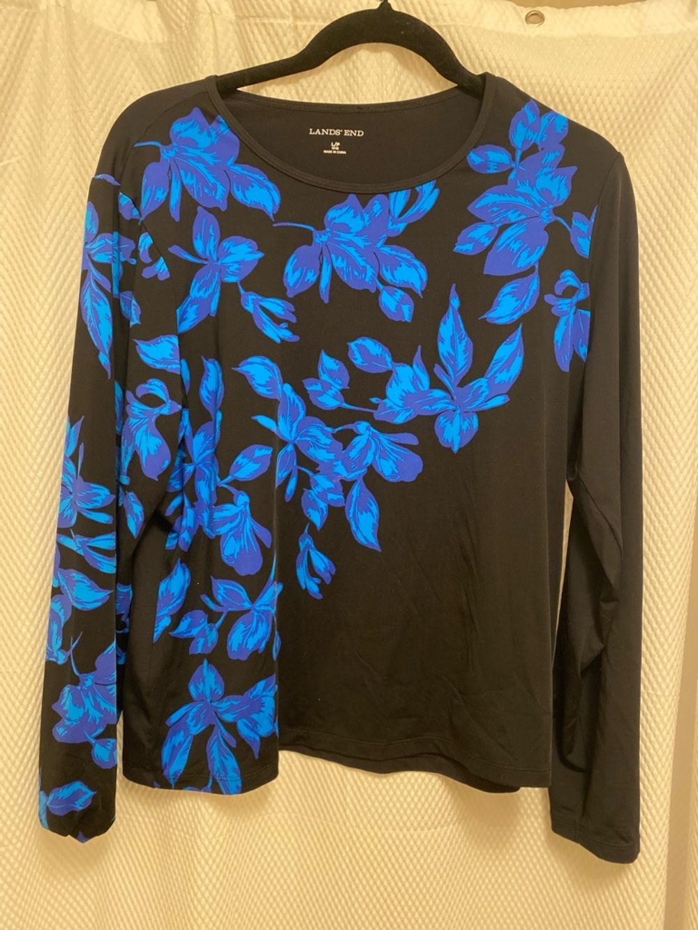 Lands' End Black Long-Sleeve Top with Bright Blue Floral Design